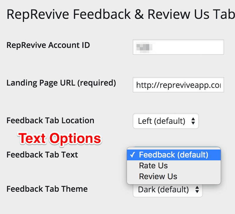 Text options for feedback / review us widget button