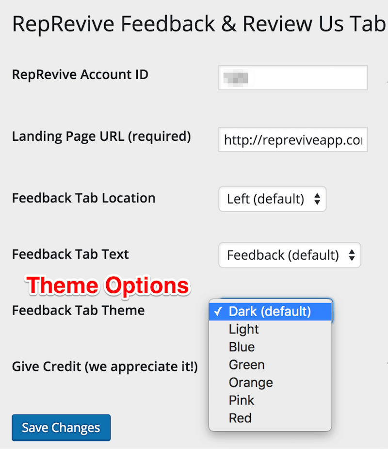 Theme color options for feedback / review us tab button
