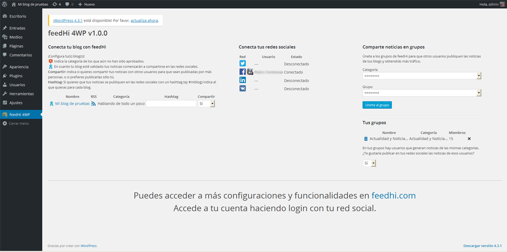 The plugin configuration panel after registration.
