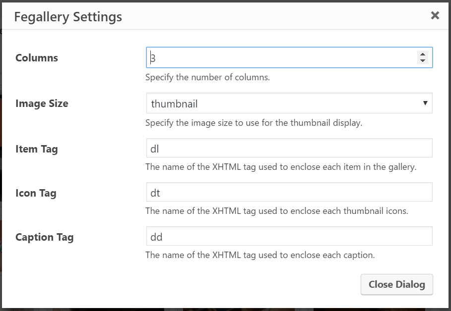 Fegallery settings page.