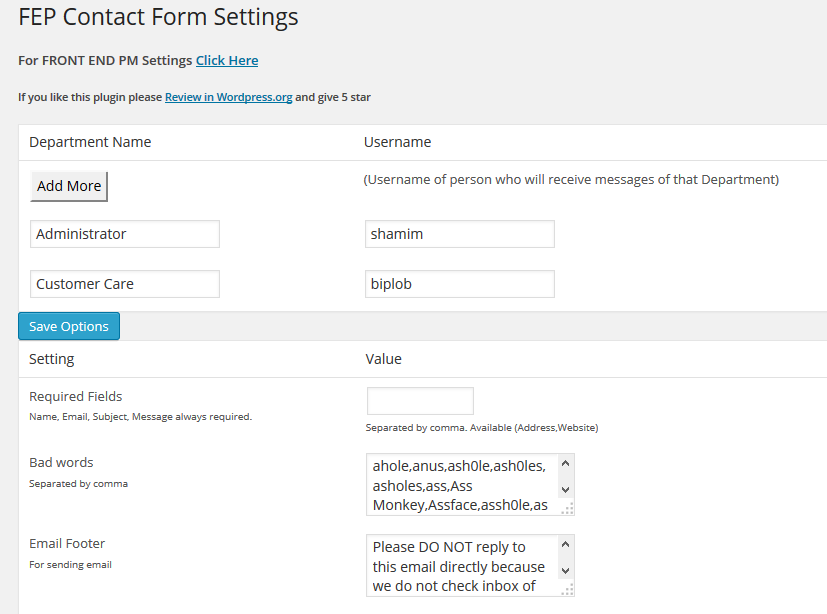 FEP Contact Form Settings