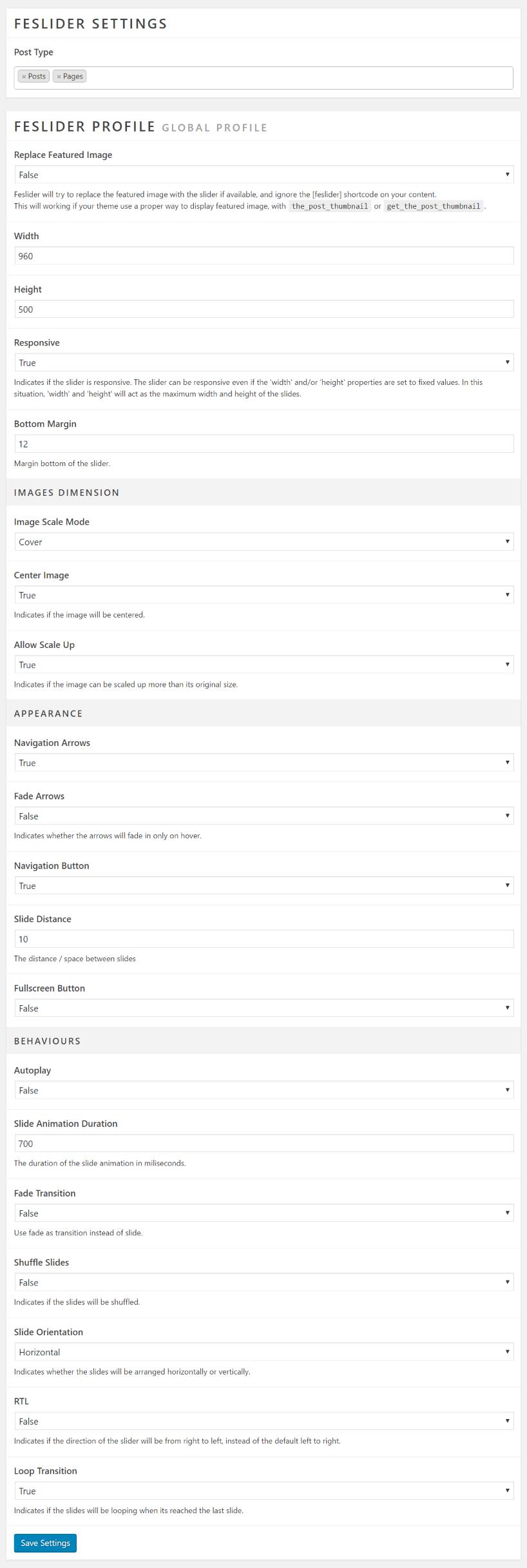 Feslider settings page.