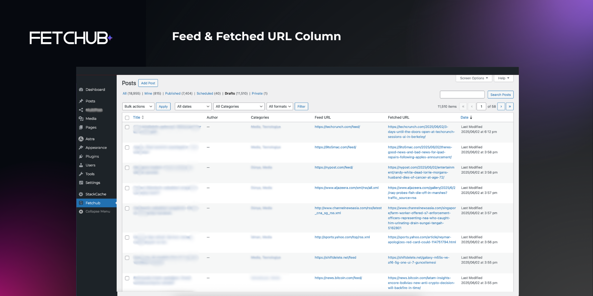 **Posts List** – See feed URLs and fetched URLs in your posts list.