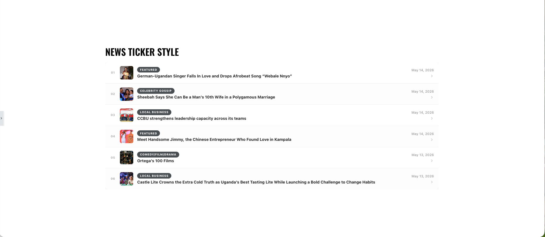 **Ticker** — Ultra-compact numbered rows with small thumbnail, category badge, post title, and date. Sidebar-ready.