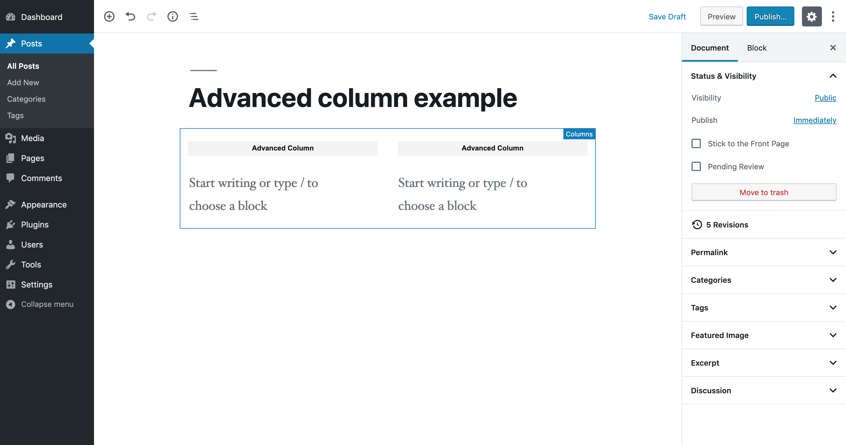 Each column in your page or post is labelled as an advanced column.