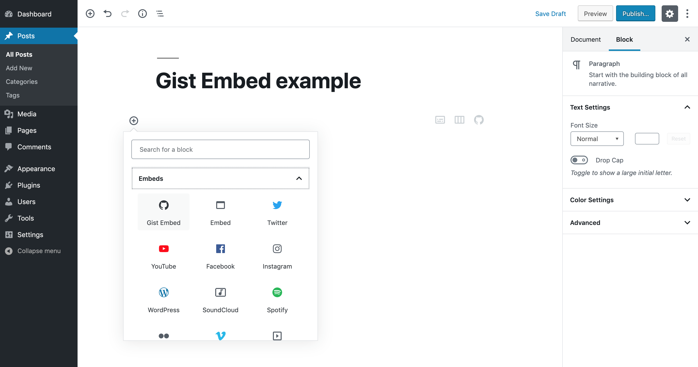 **Gist Embed** is found under the 'Embeds' section in the 'Add block' dialog.