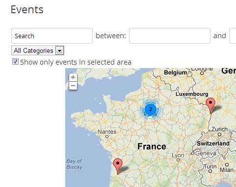 Selecting an area with the map for filtering events