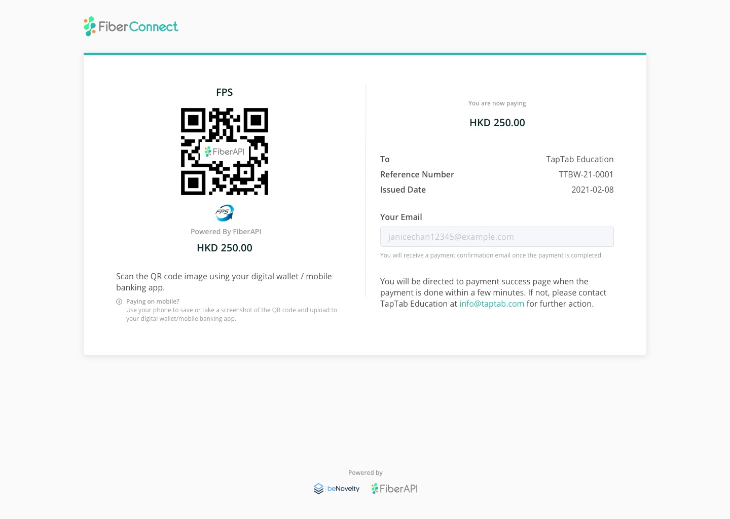 Fiber Payment Page showing FPS QR Code (FPS Logo Needed)