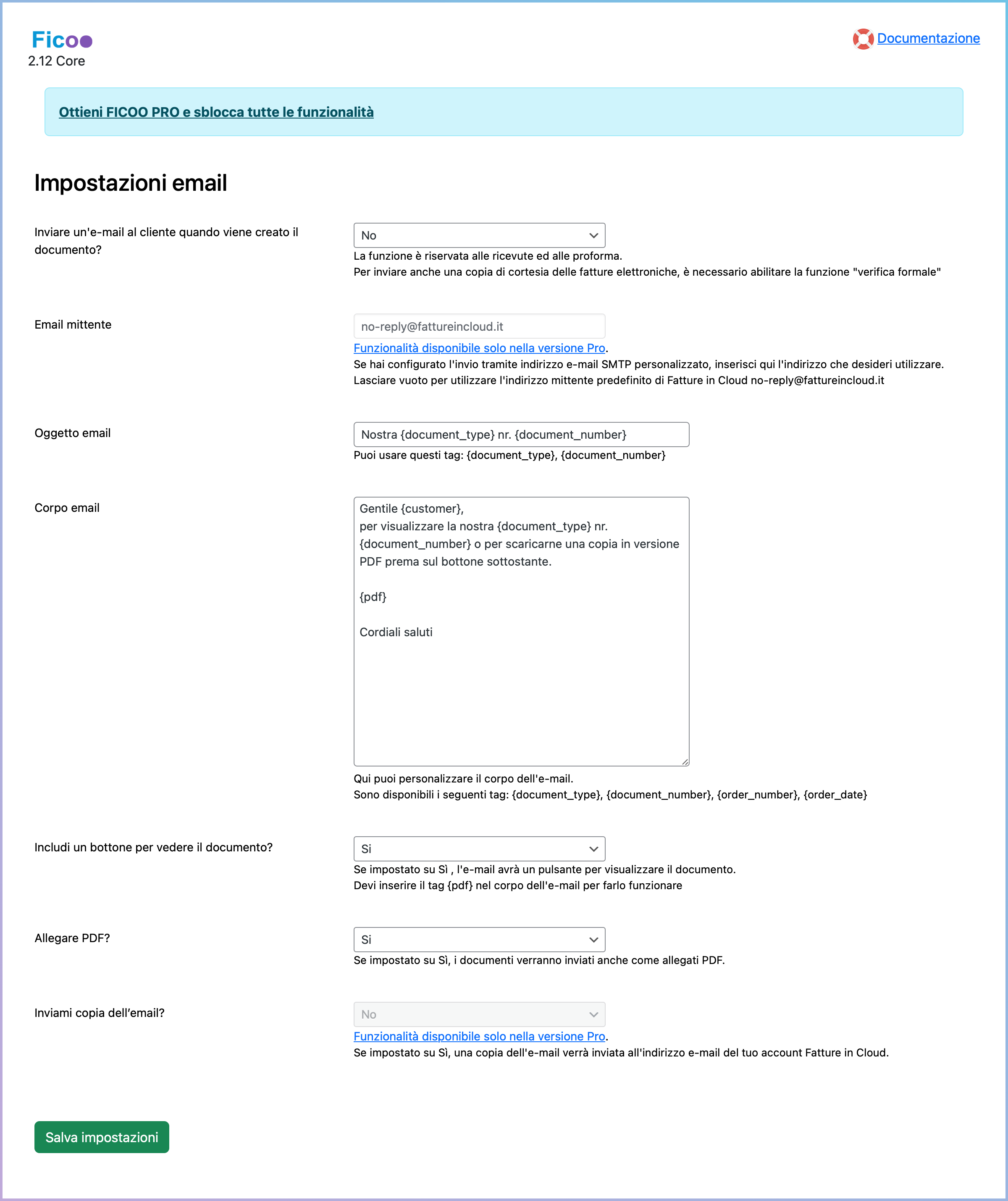 Impostazione email del plugin