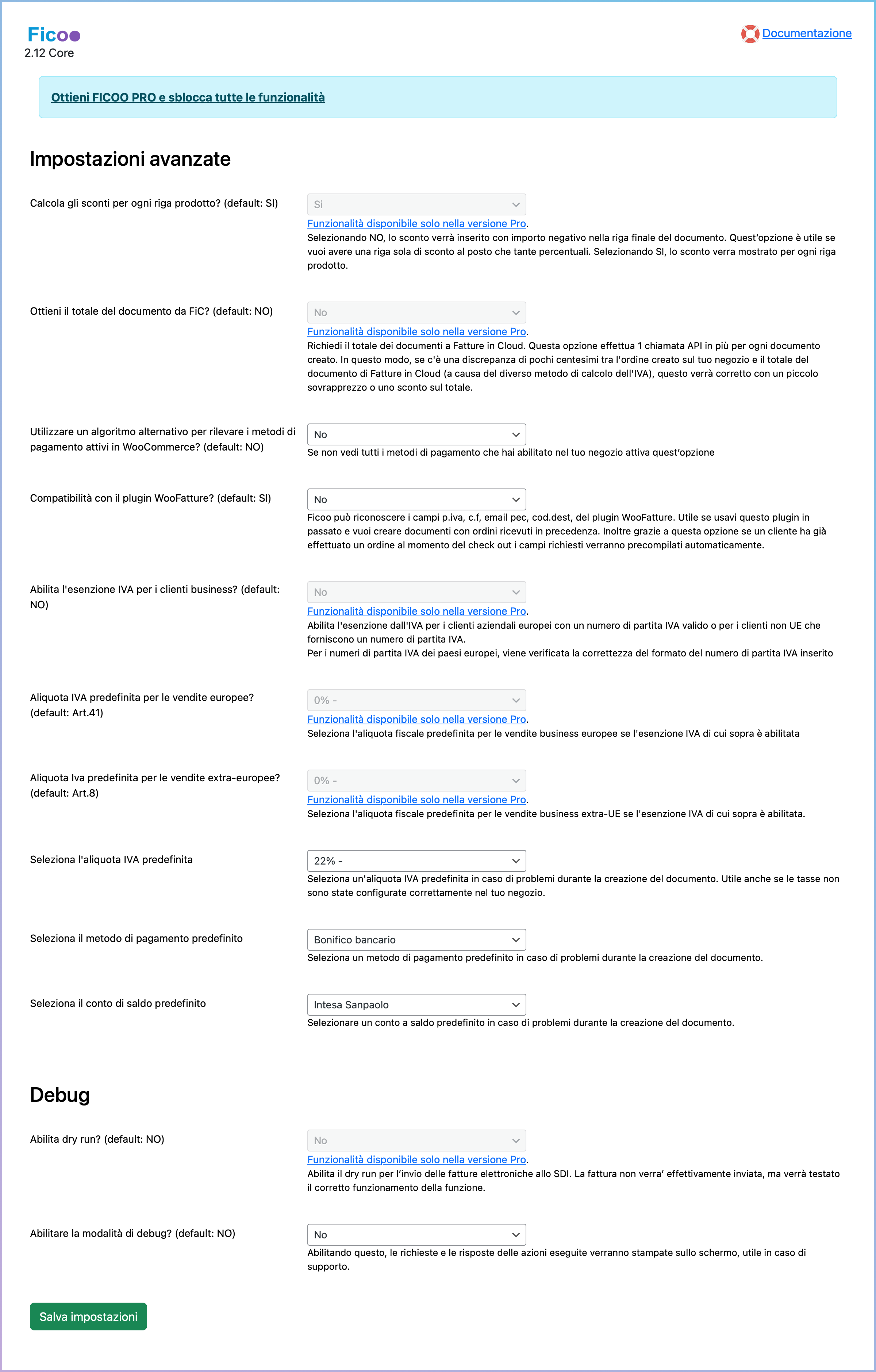 Impostazioni avanzate del plugin