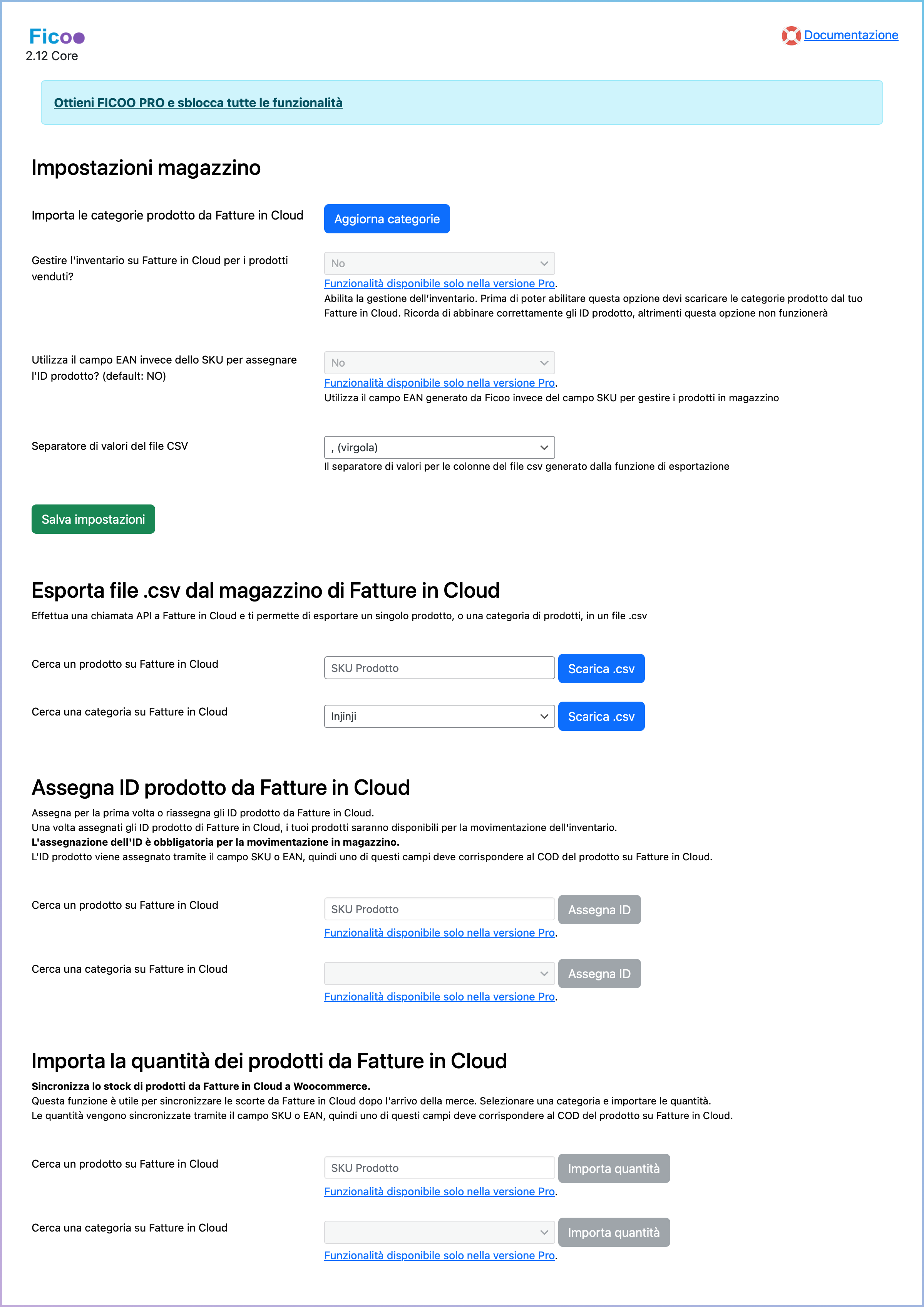 Sezione Magazzino con tools per l'import/export.