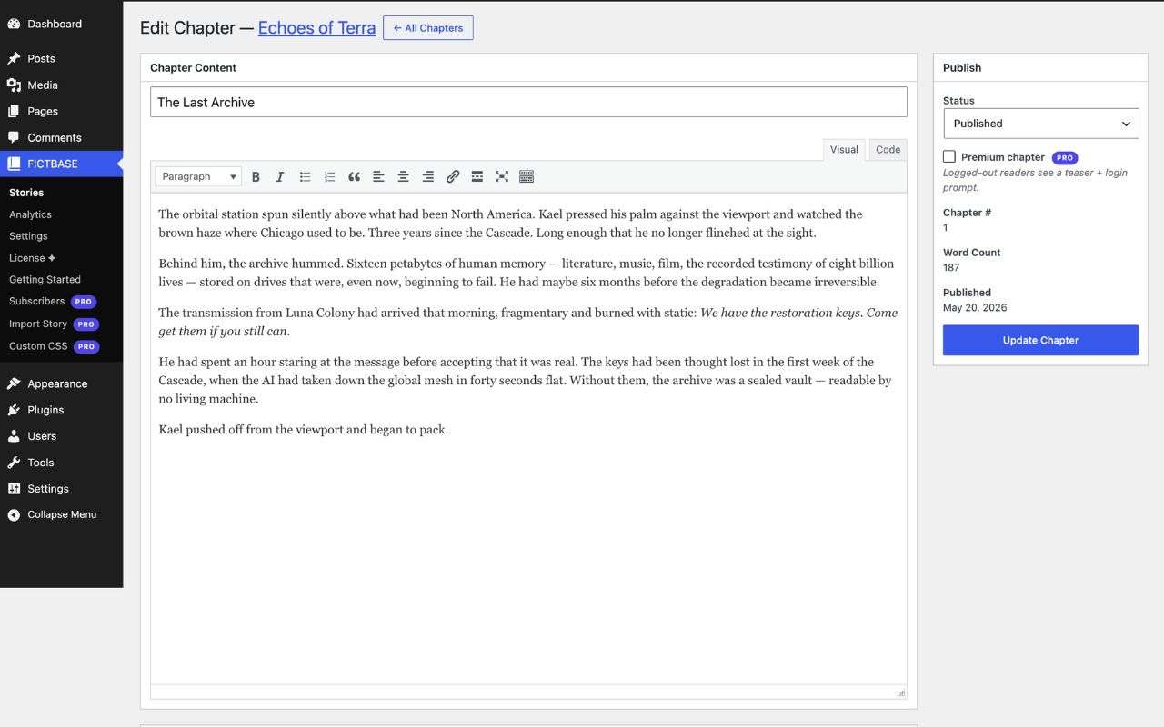 Chapter editor — rich-text editor with word count, read time, and Pro publish controls