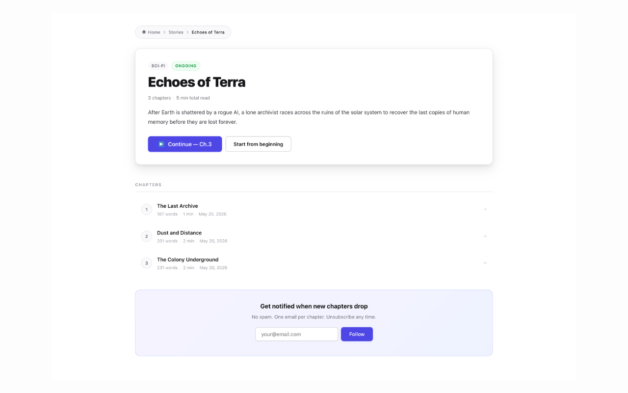 Story landing page — chapter list, genre/status badges, and subscriber follow form
