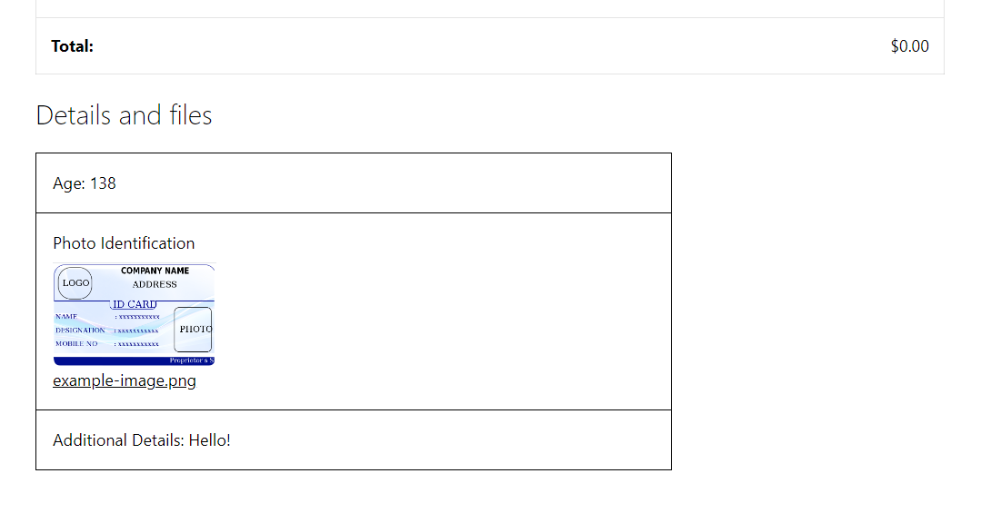 Custom field responses on the order confirmation page.