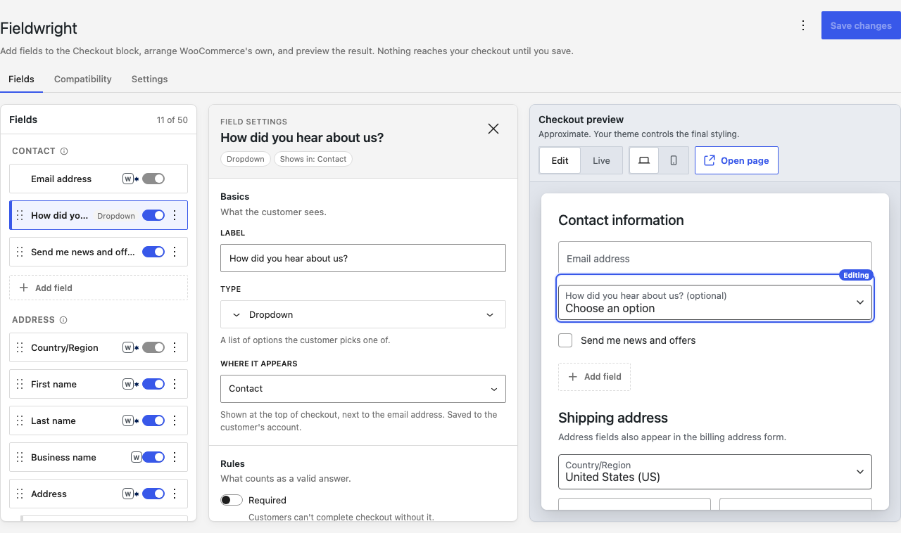 WooCommerce's own fields sit in the same outline. Rename them, switch them off, make them optional or required, and drag them into a new order.
