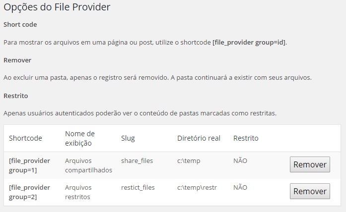 File provider options - Opções de configuração do File provider;