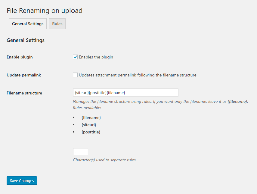On general settings, setup how your filename will be, using the filename structure option where you have some rules at your disposal