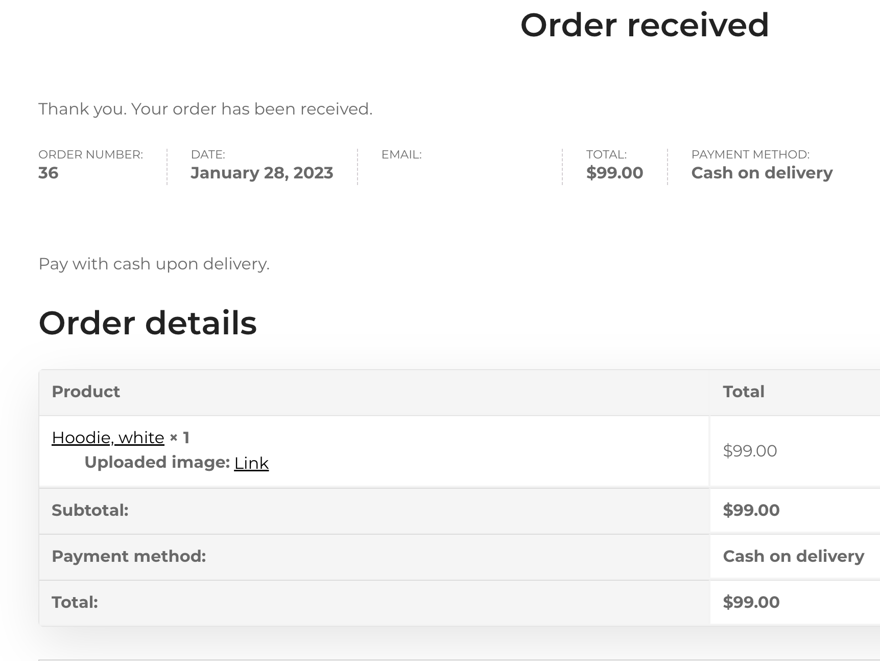 Image link in customer's order confirmation
