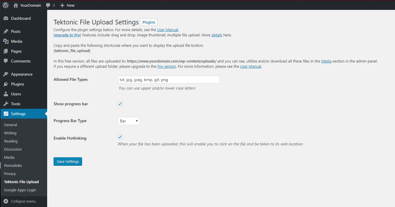 The plugin settings page