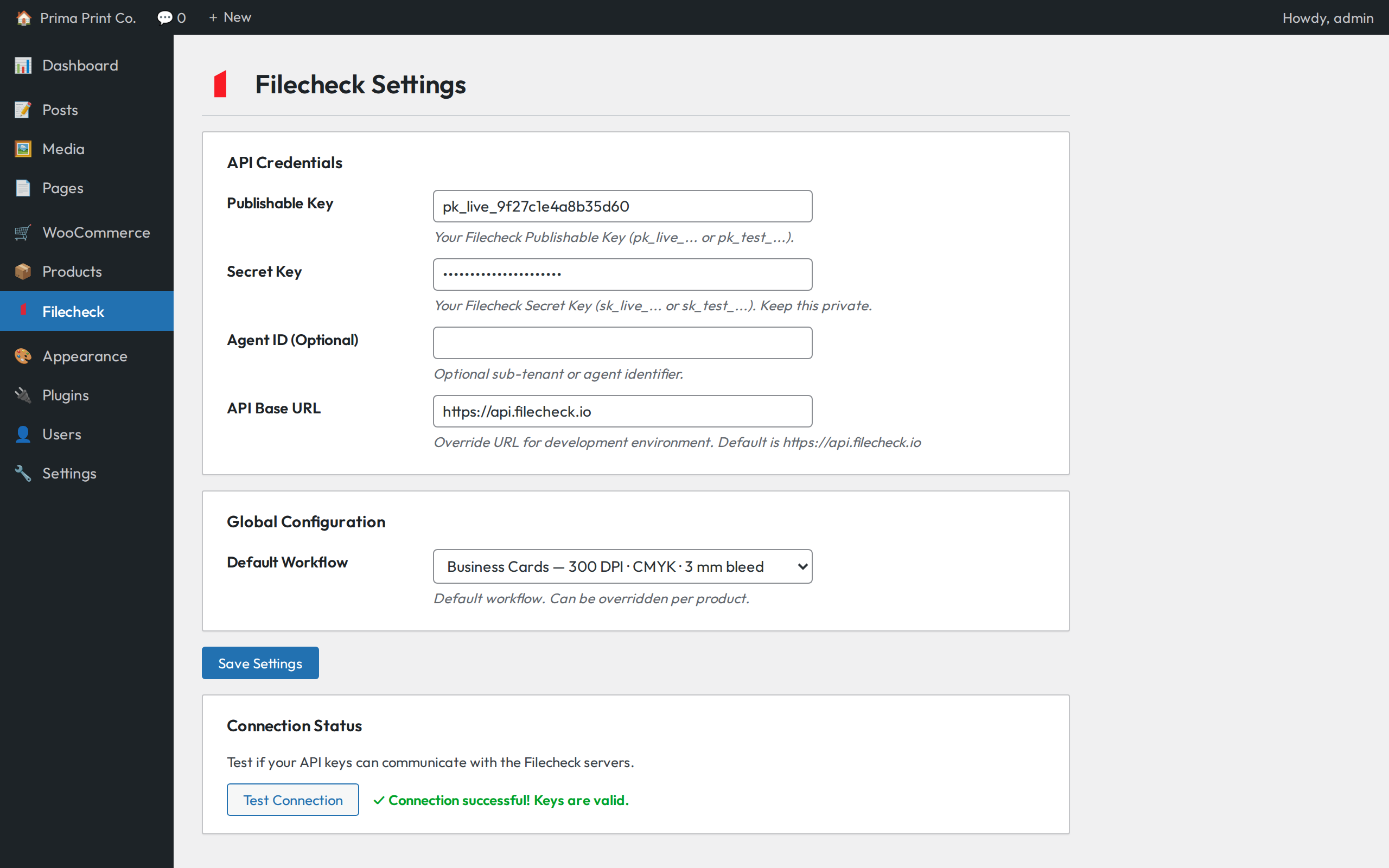 Filecheck settings screen with credential configuration and connection test.