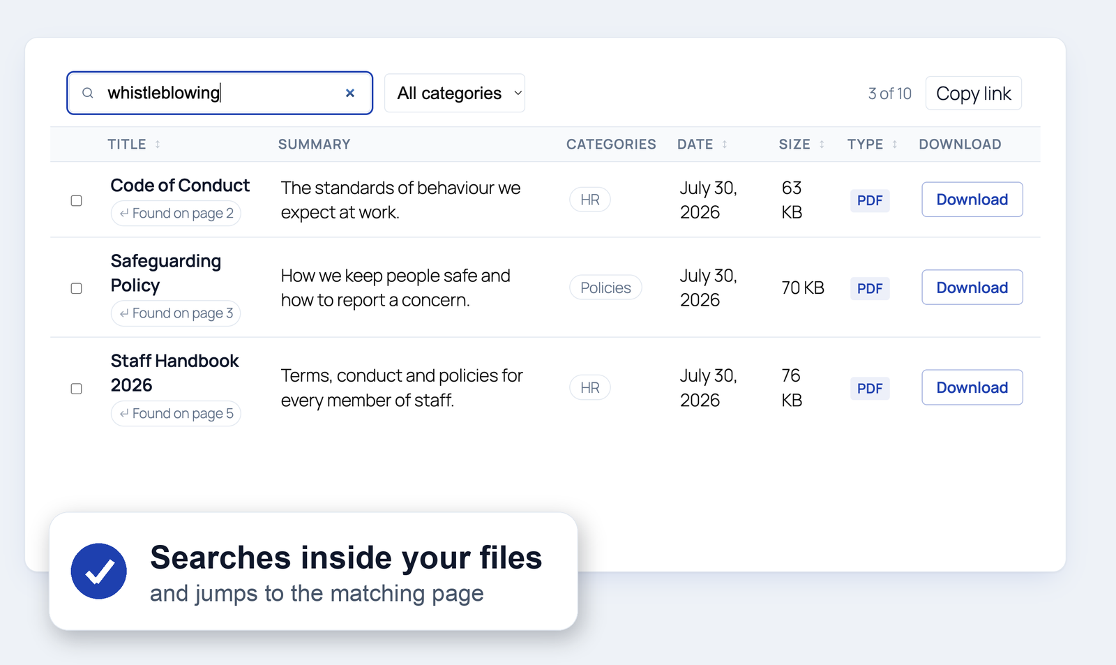 Full-text search inside your PDFs and Office files — jump to the exact page a match is on (Pro)