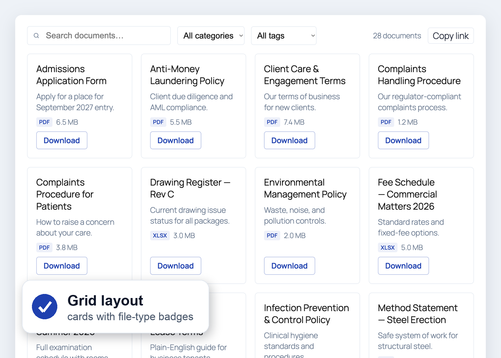 Grid layout with file type badges