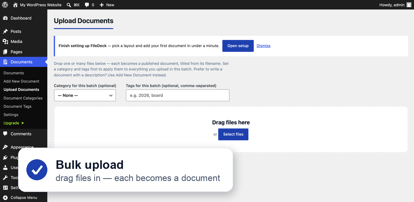 Drag-and-drop bulk upload — drop files and each becomes a document