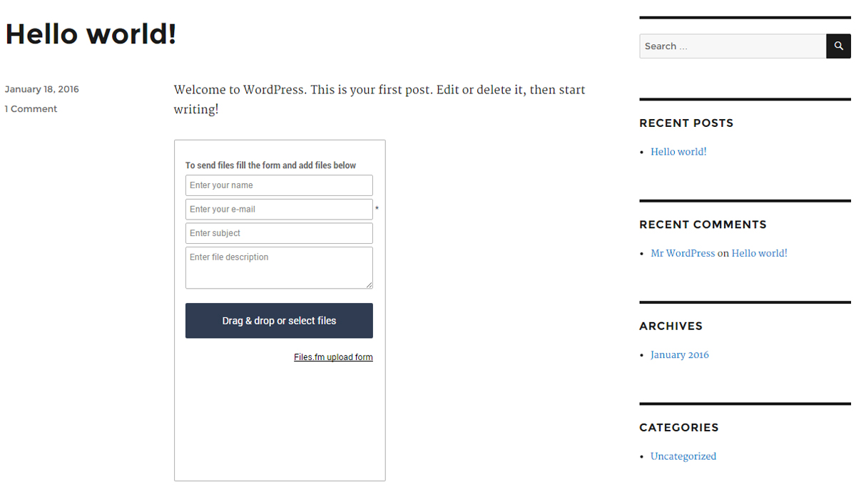 File Upload Form in a WordPress blog post view (simple form)