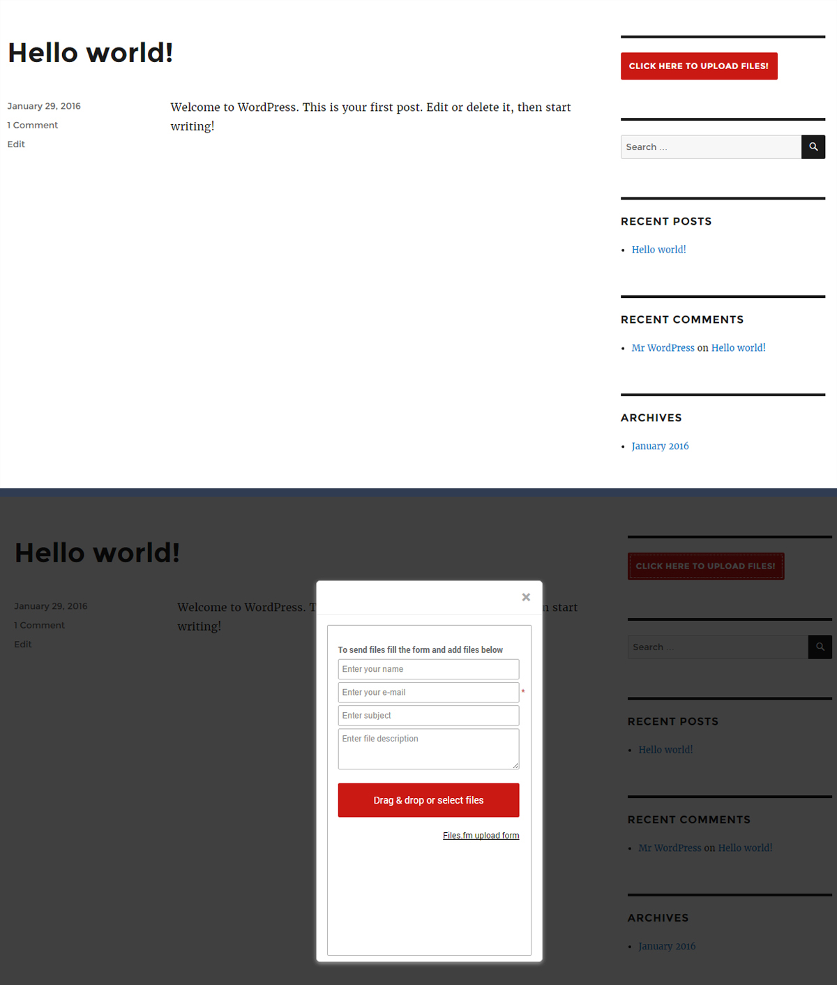 File Upload Form in a WordPress blog post view (pop-up form)