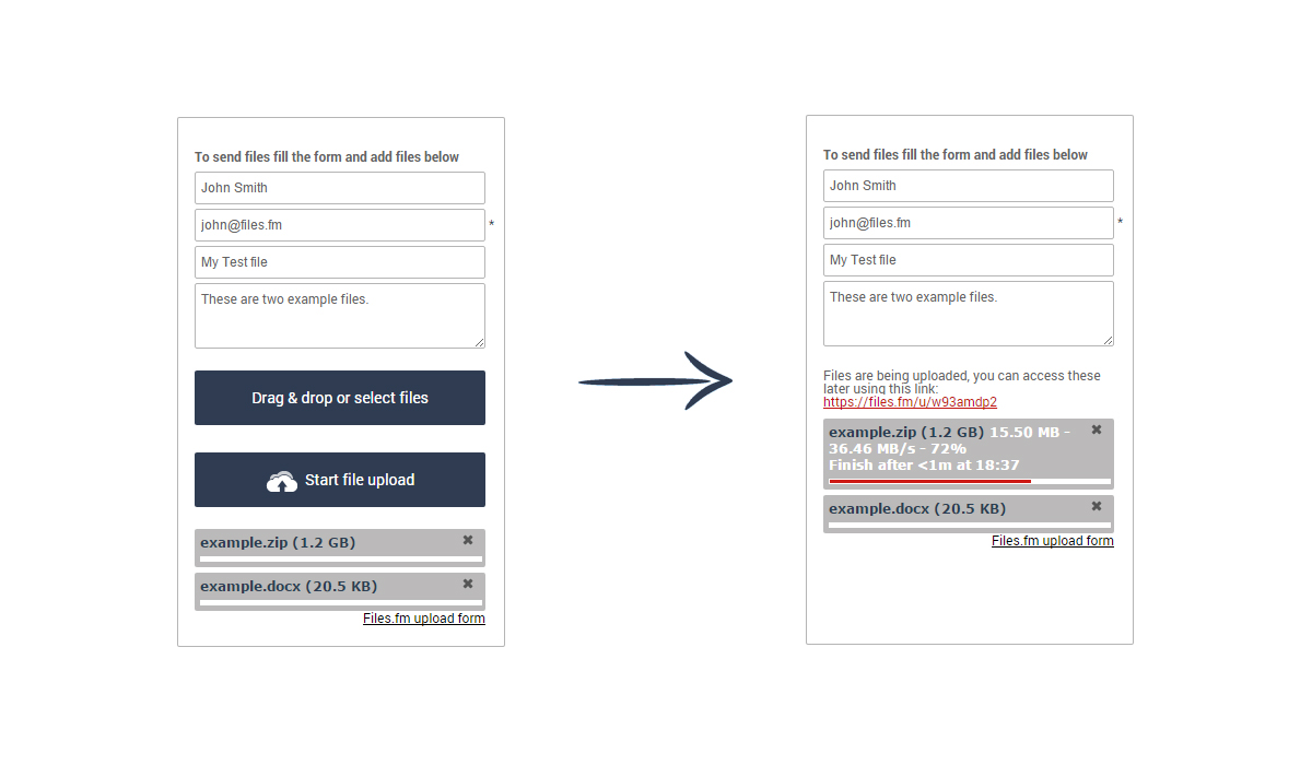 File Upload Form in a usage: with info and files added (left side) and with upload in progress (right side)