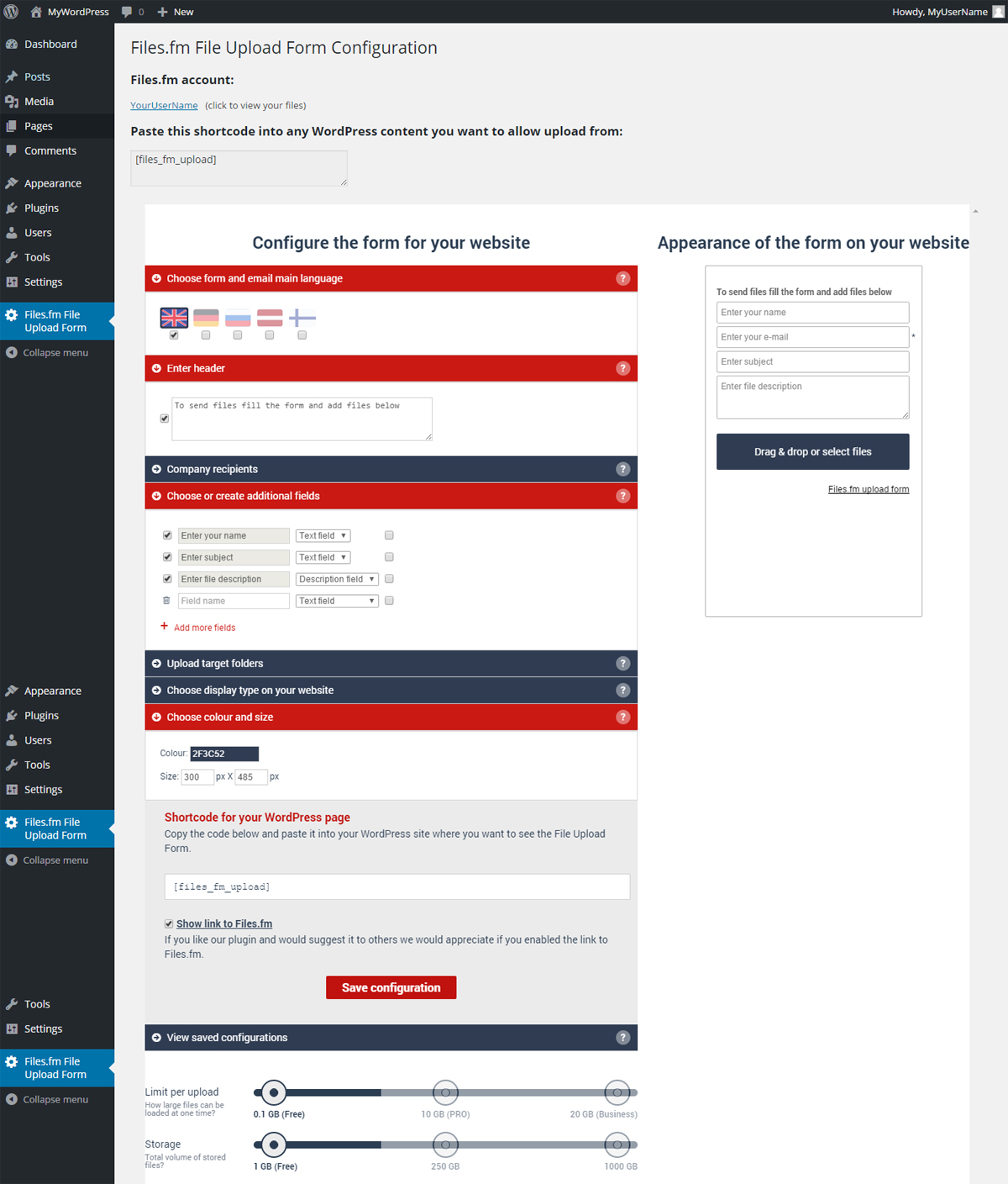 Admin view with File Upload Form’s configuration