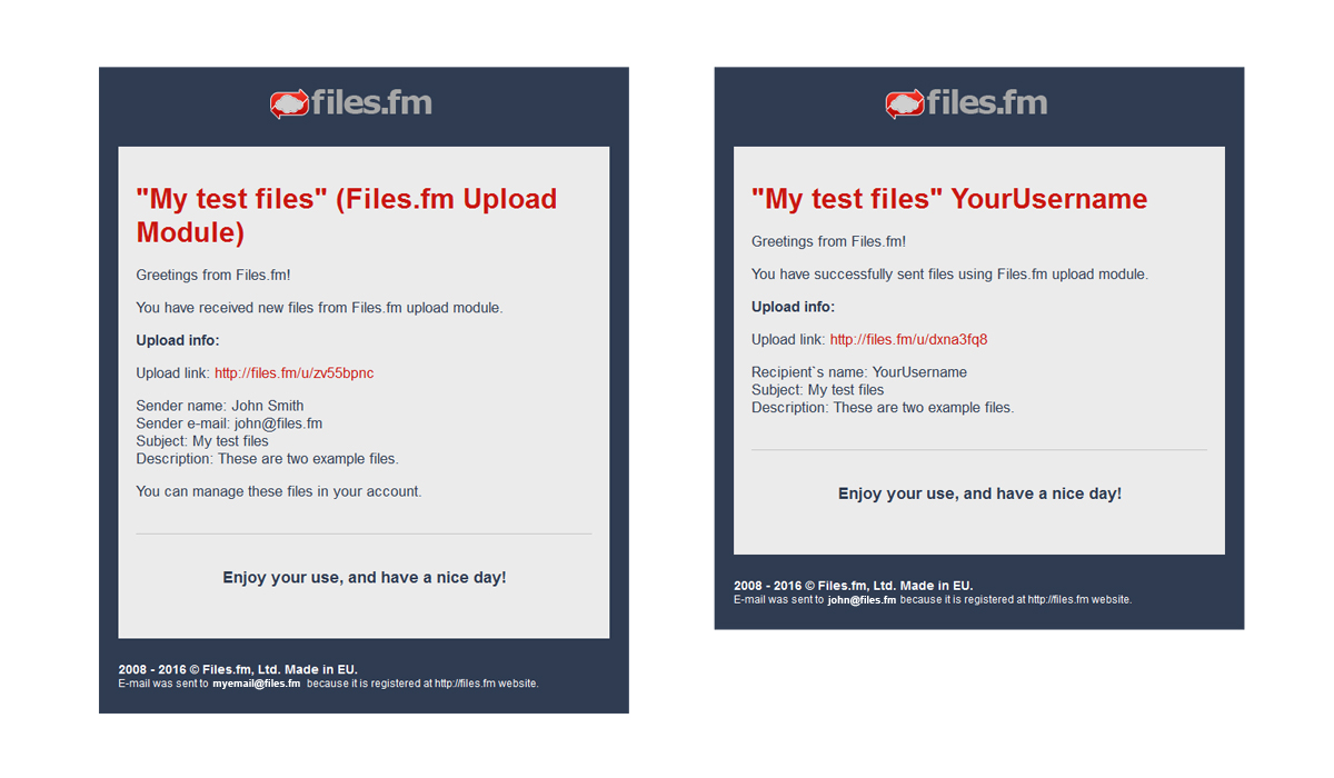 Notification e-mails: admin e-mail (left side) and customer’s e-mail (right side)