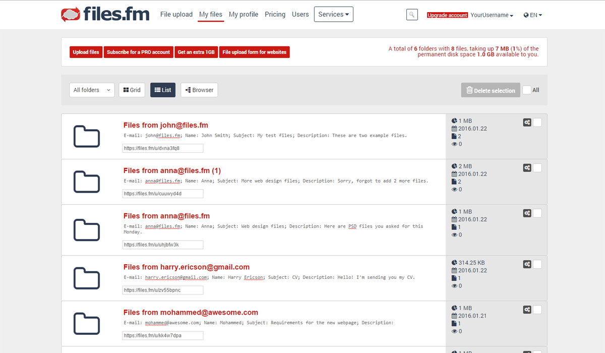 File management view in the Files.fm web interface