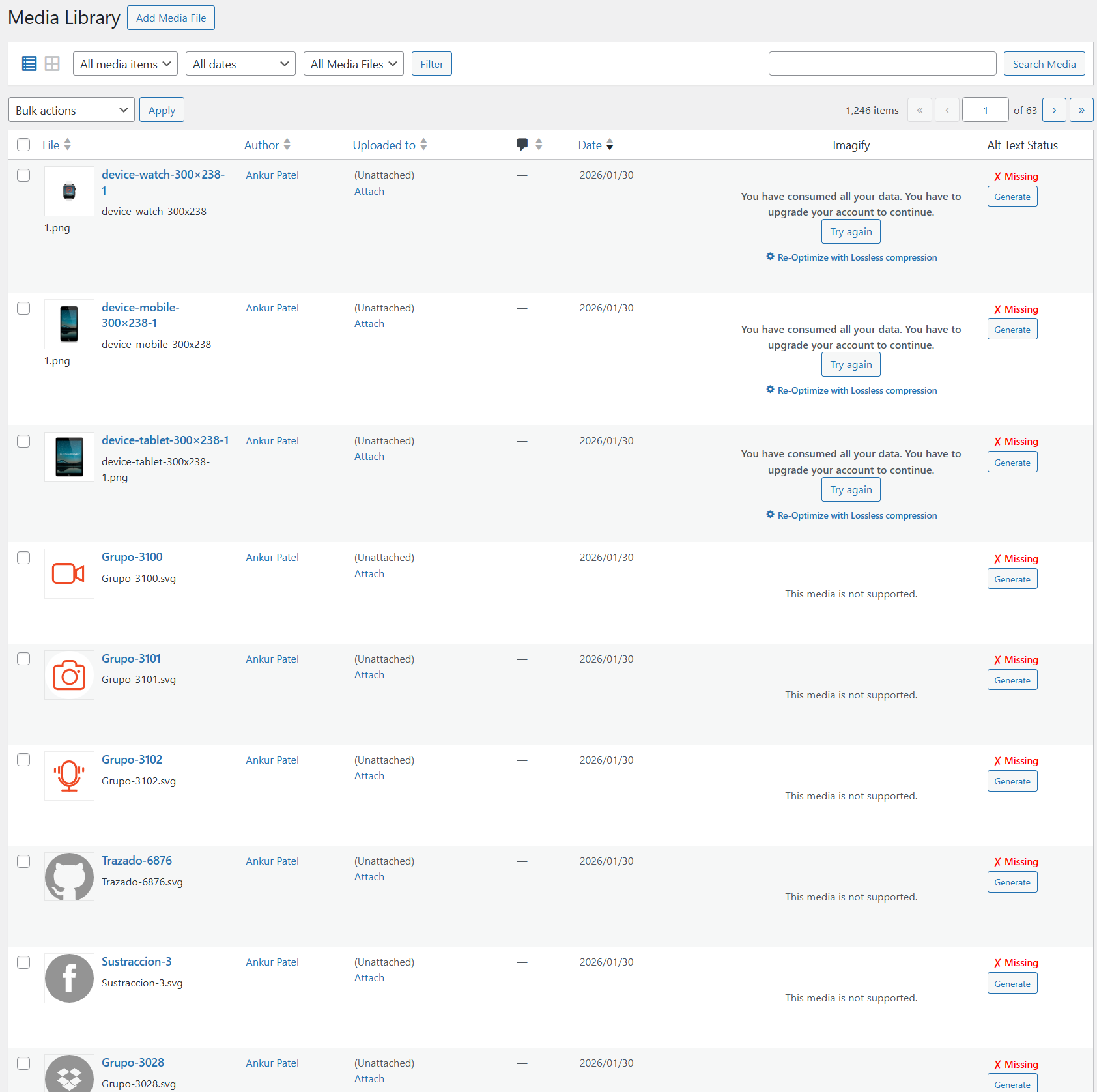 Media Library integration showing alt text status
