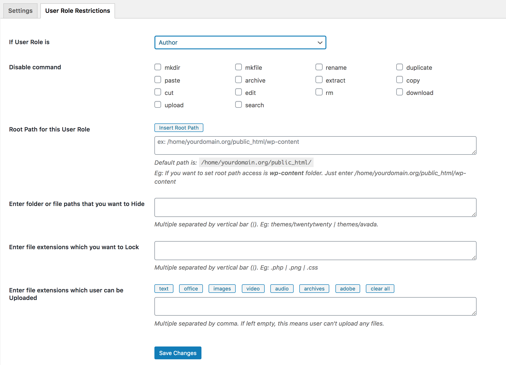 Filester user role restriction settings