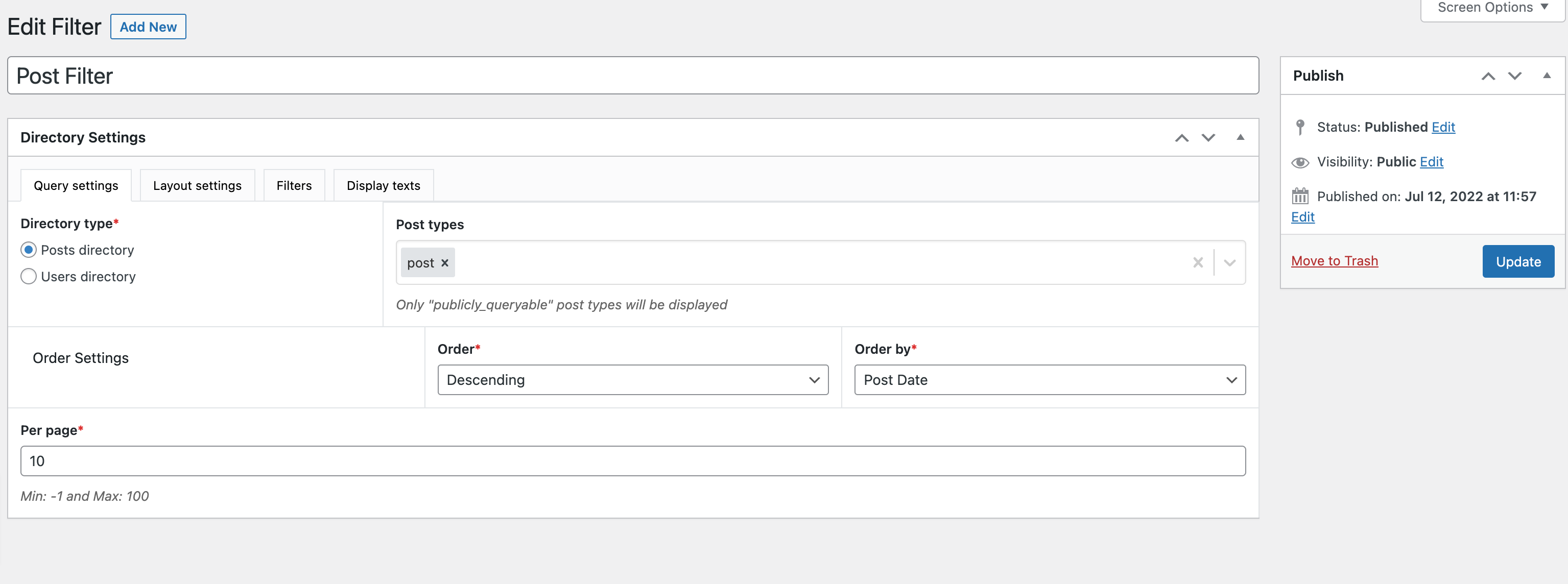 Filter query settings edit