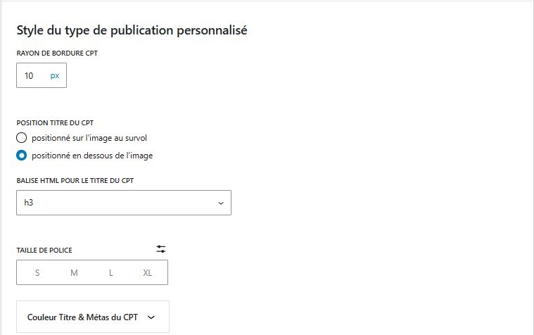 Settings page – Custom post type style