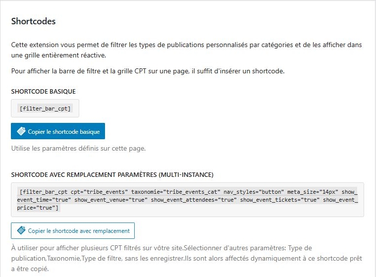 Settings page – Shortcodes