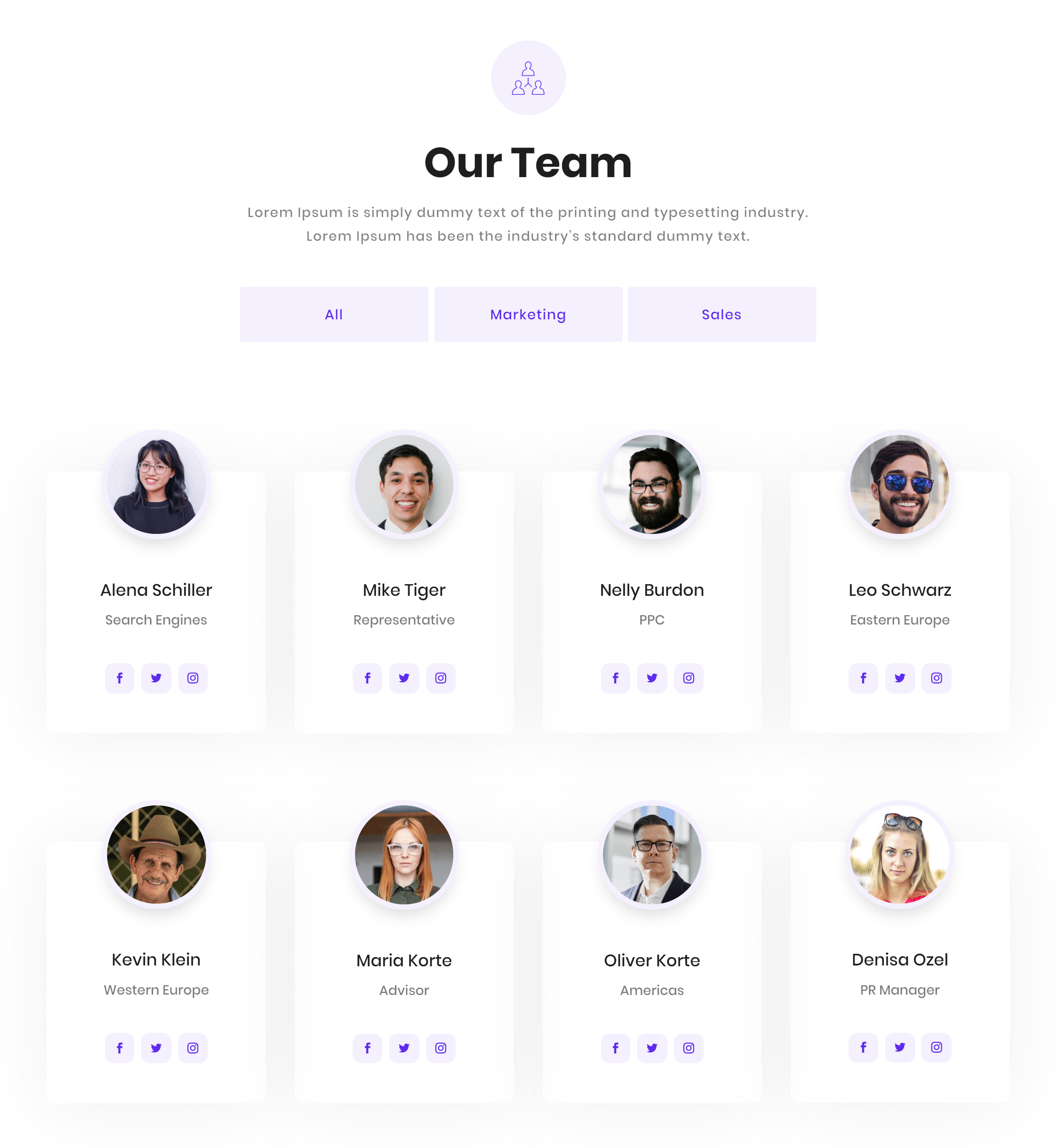 A filterable team section demo.