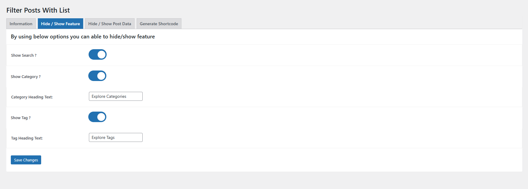 Backend - Disable / Enable Taxonomy & Serach Filter