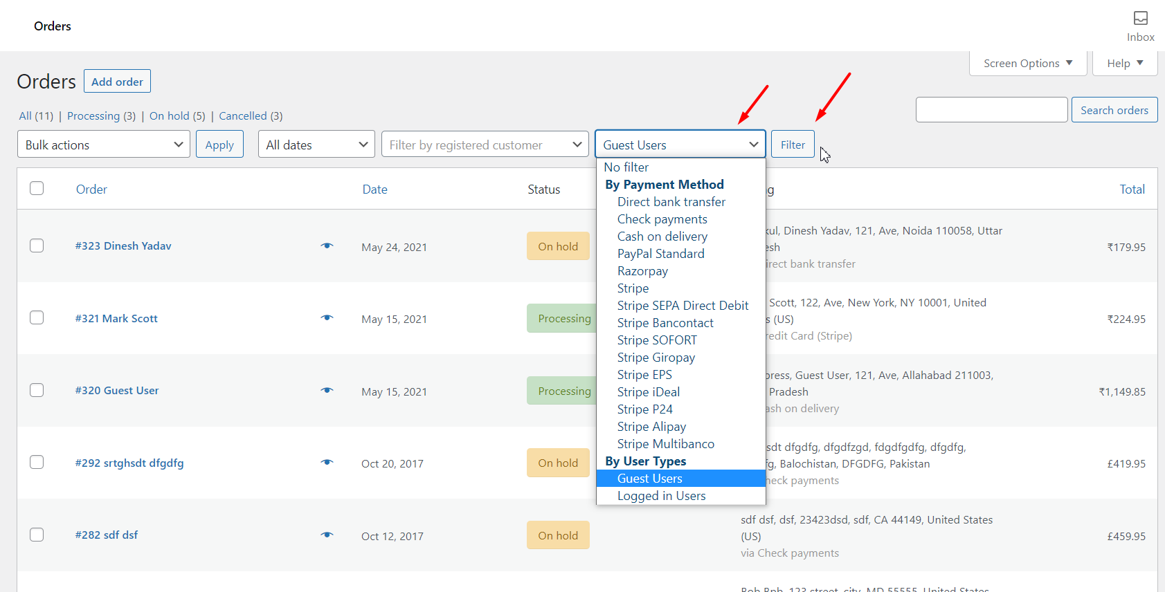 **Filter Location** - It shows filter on order screen in admin dashboard.