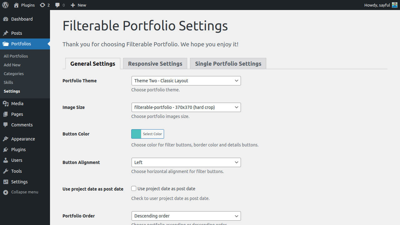 Filterable Portfolio settings.
