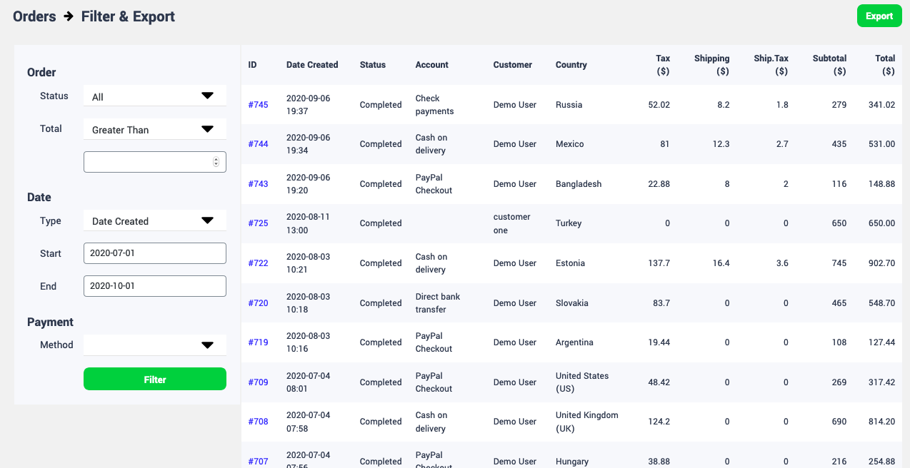 Orders Filter and Export
