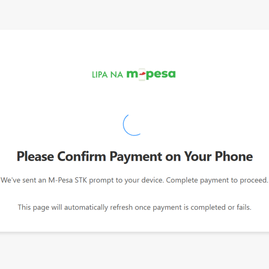 **Waiting Page:** A modern waiting screen with a spinner for pending payments.