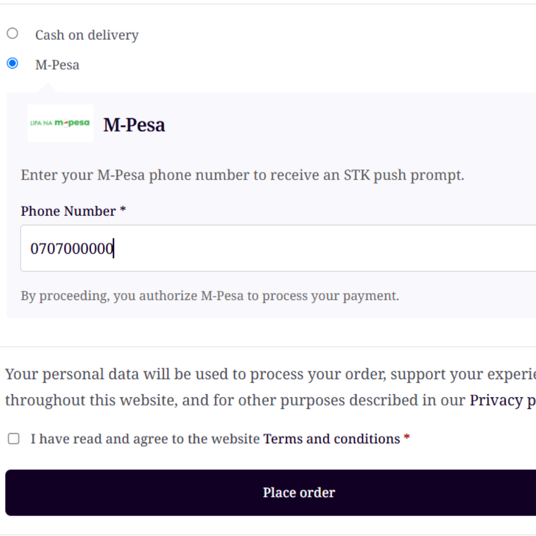 **Mobile Payment Prompt:** Visual confirmation on mobile devices for the M-Pesa STK Push.