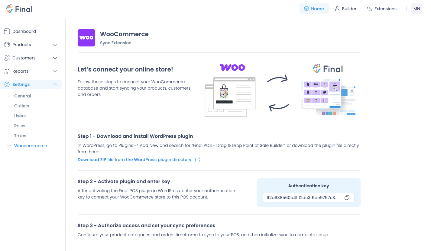Copy the authentication key from Final Hub