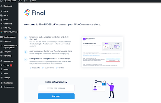 Paste the authentication key in the Final POS plugin