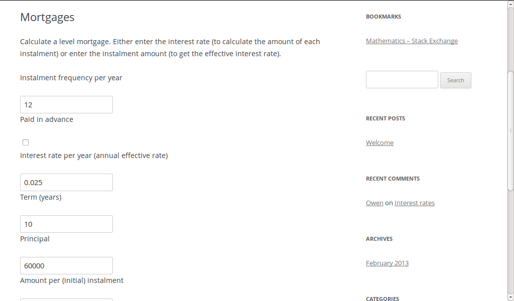 Input form rendered after mortgage selected from a form rendered with the [fin-math] shortcode is rendered.