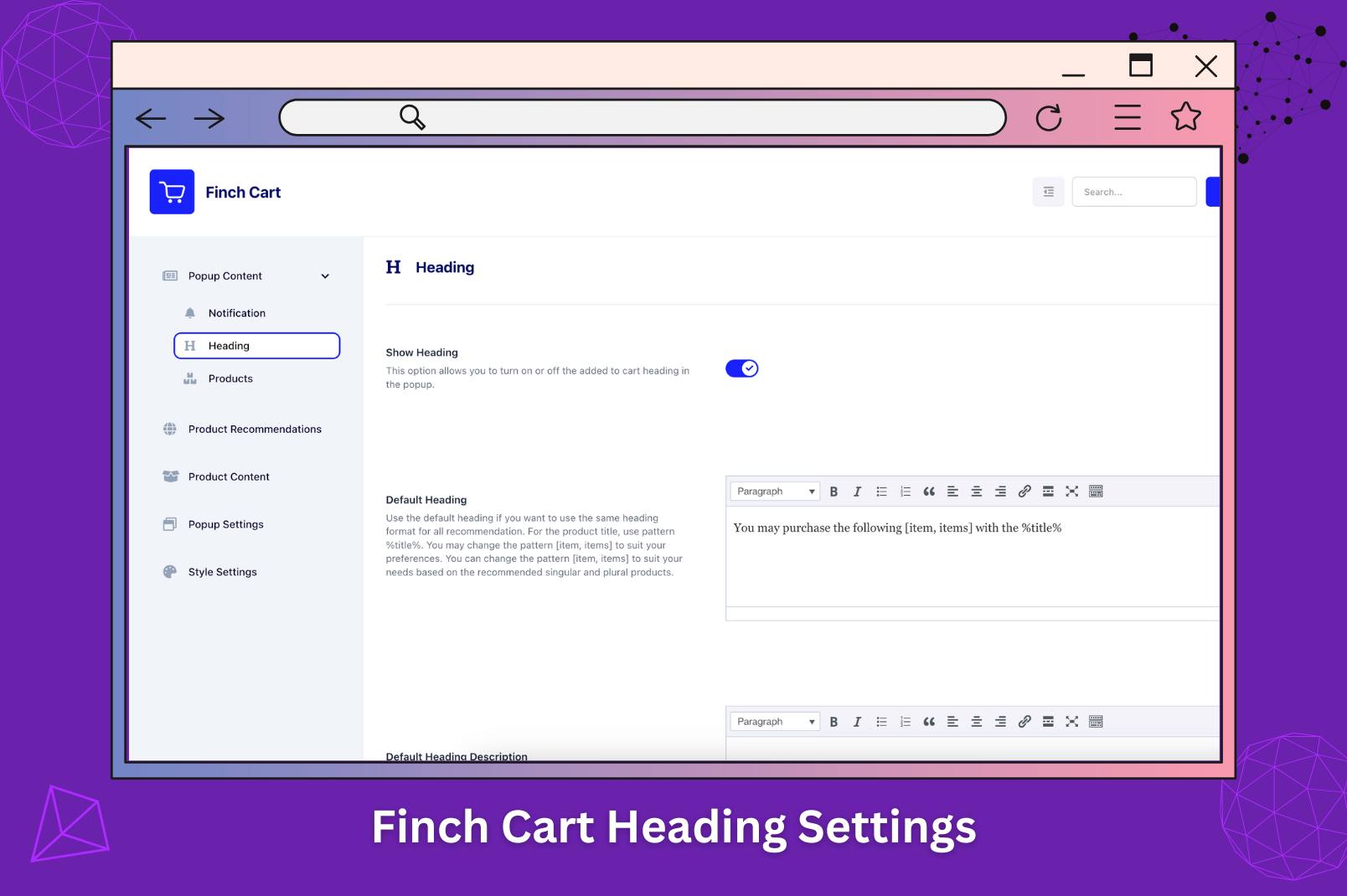Finch Cart Product Recommendations - Product Content Settings.