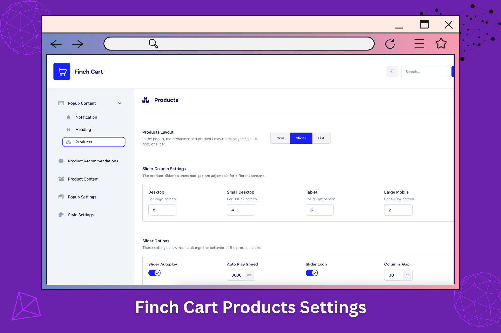 Finch Cart Product Recommendations - Popup Settings.